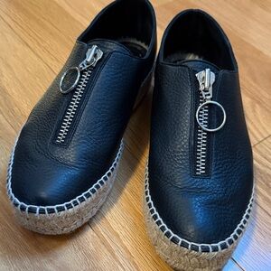 Alexander Wang Black Leather Espadrille Loafers with Silver Zipper